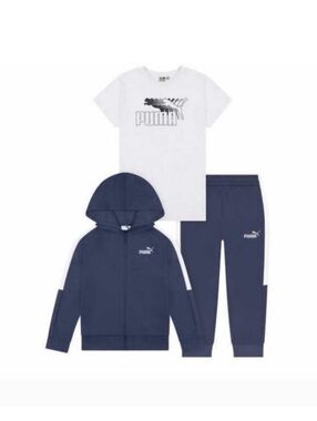 Puma Boys 3-Piece Tech Fleece Hoodie, Tee & Jogger Set, Navy/Gray XS 5/6